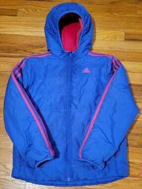 Girls Large Adidas Puffer Jacket with Pink Stripes